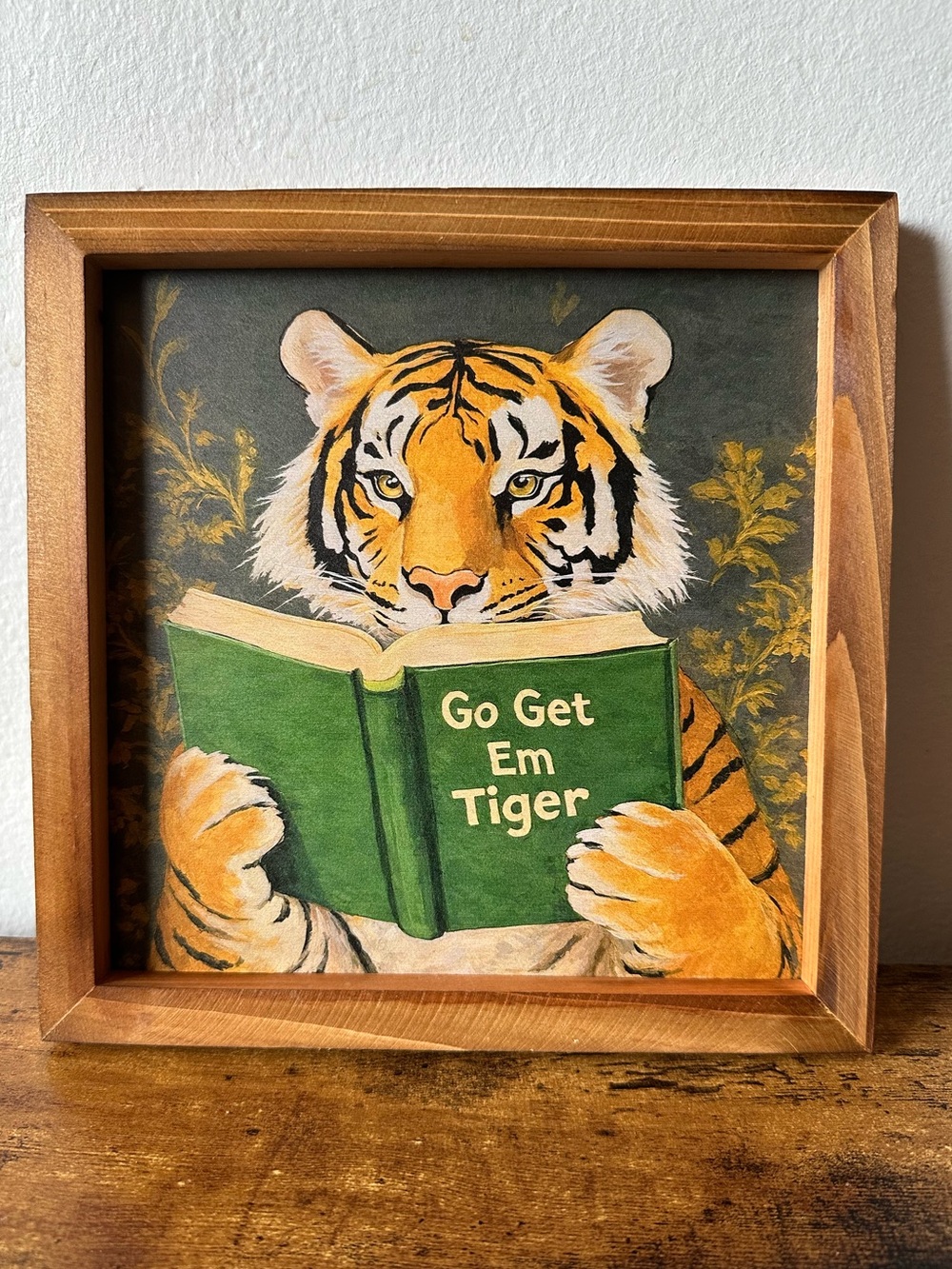 Framed Wooden Tiger Reading 'Go Get Em Tiger' Wall Art Decor Green & Orange NWT